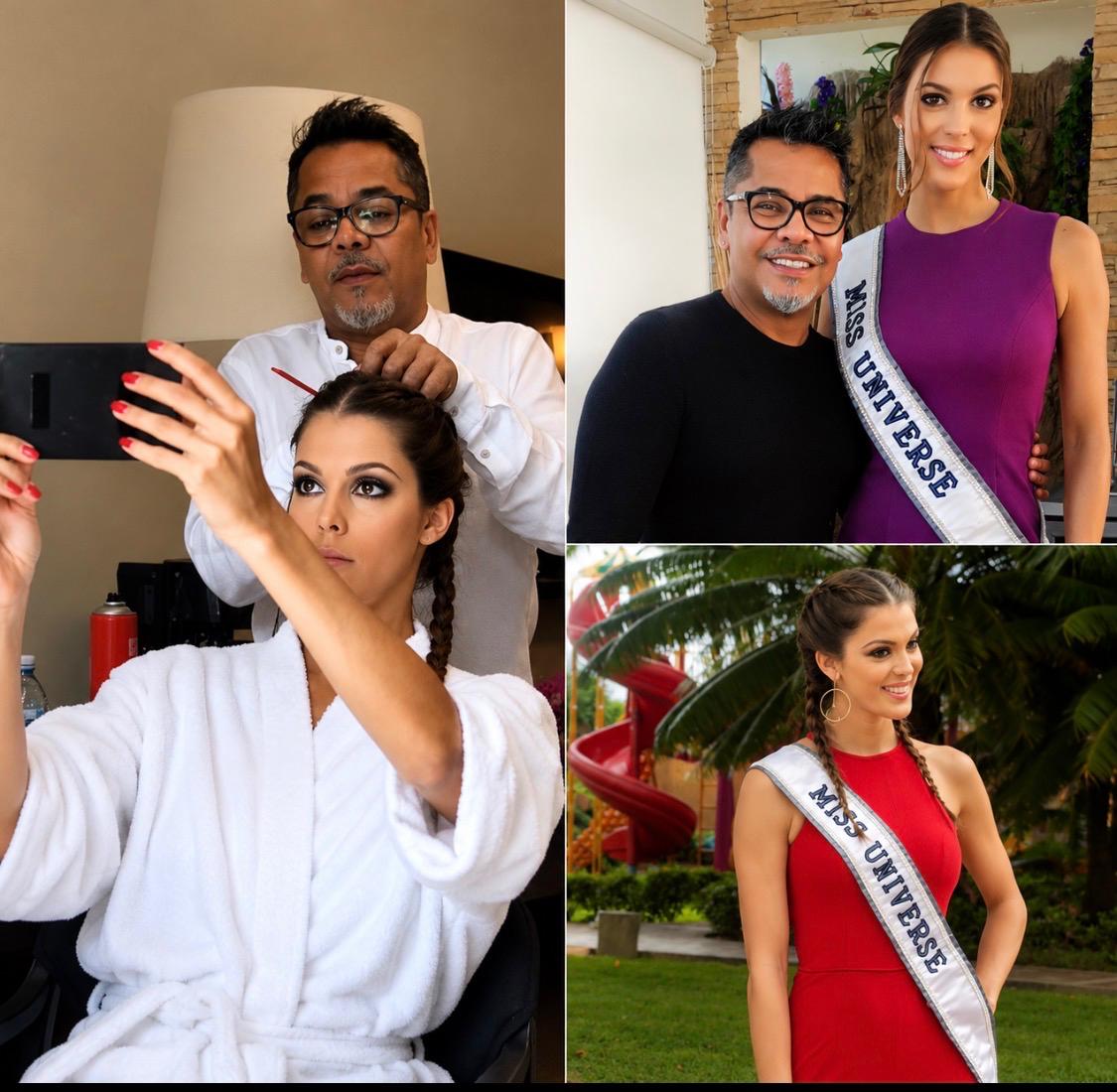 Collage de backstage y fotos de Miss Universe con Antonio